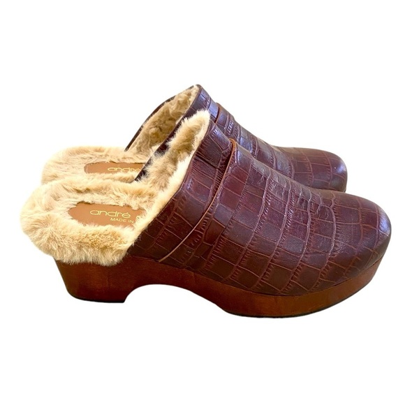 Andre Assous Shoes - Andre assous fur lined croc embossed leather clog brown Portugal wood soles sz 6